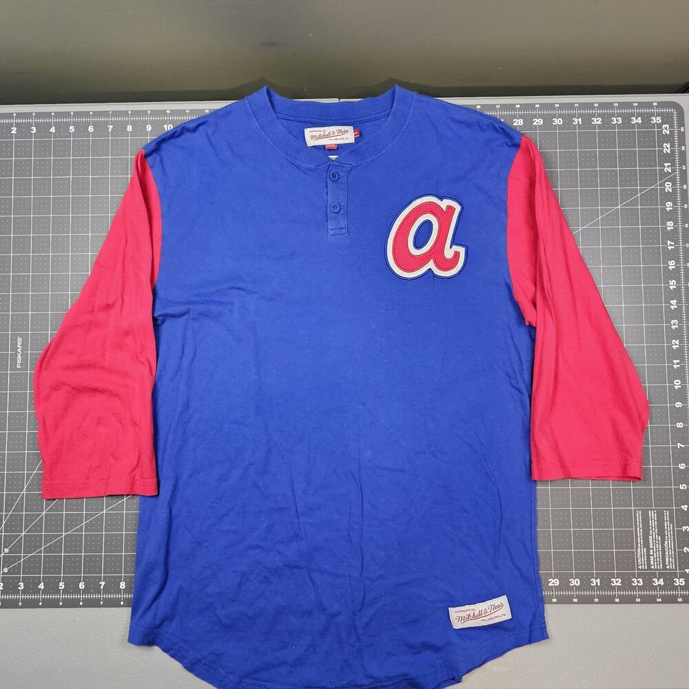 Atlanta Braves Mitchell And Ness Henley Shirt Large Blue Red 3/4 Sleeve Retro